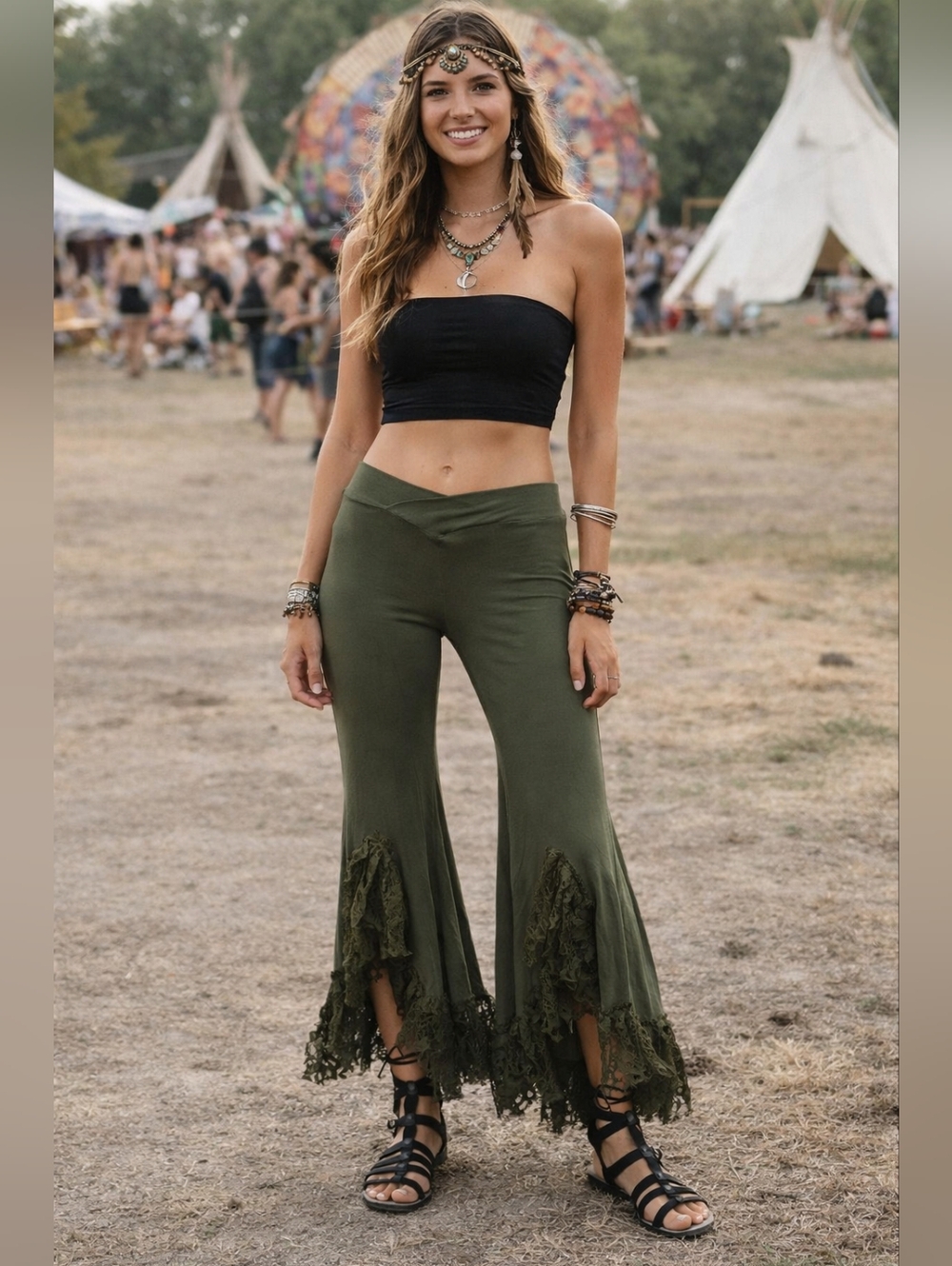 Olive Lace Trim Flare Y2K Boho Stretch Pants S
